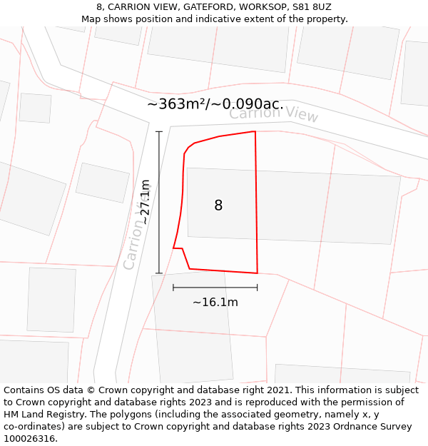 8, CARRION VIEW, GATEFORD, WORKSOP, S81 8UZ: Plot and title map