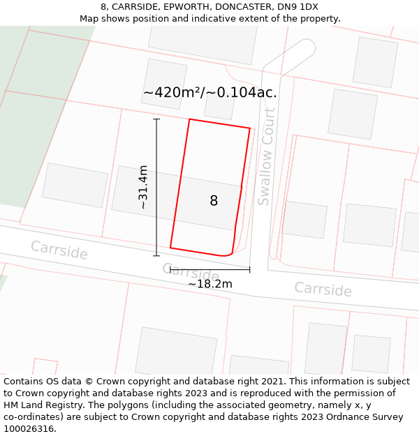 8, CARRSIDE, EPWORTH, DONCASTER, DN9 1DX: Plot and title map