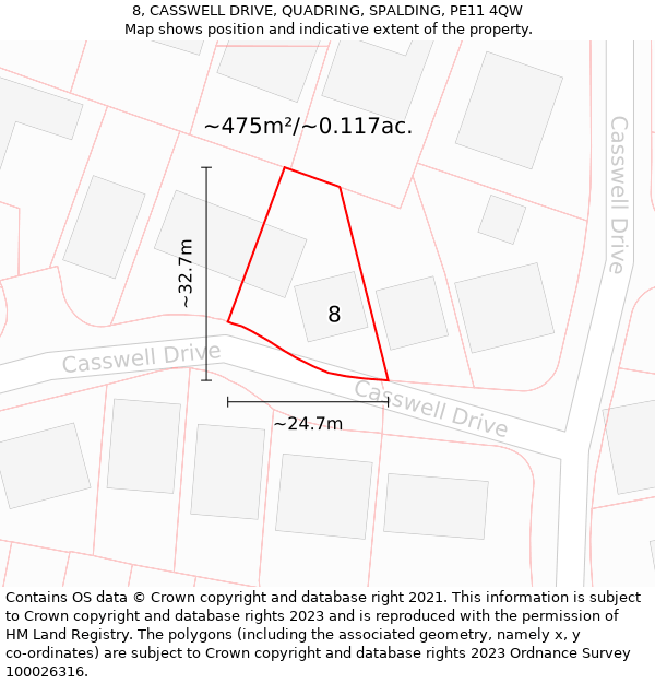 8, CASSWELL DRIVE, QUADRING, SPALDING, PE11 4QW: Plot and title map