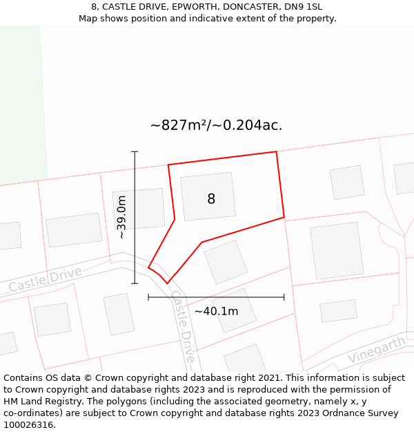 8, CASTLE DRIVE, EPWORTH, DONCASTER, DN9 1SL: Plot and title map