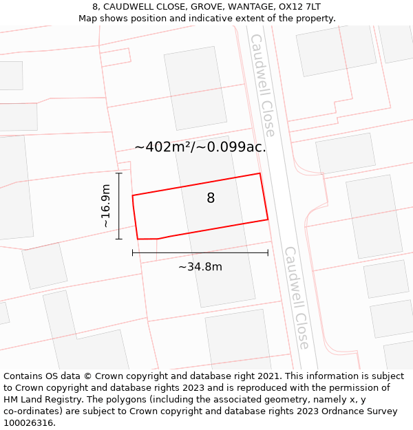 8, CAUDWELL CLOSE, GROVE, WANTAGE, OX12 7LT: Plot and title map