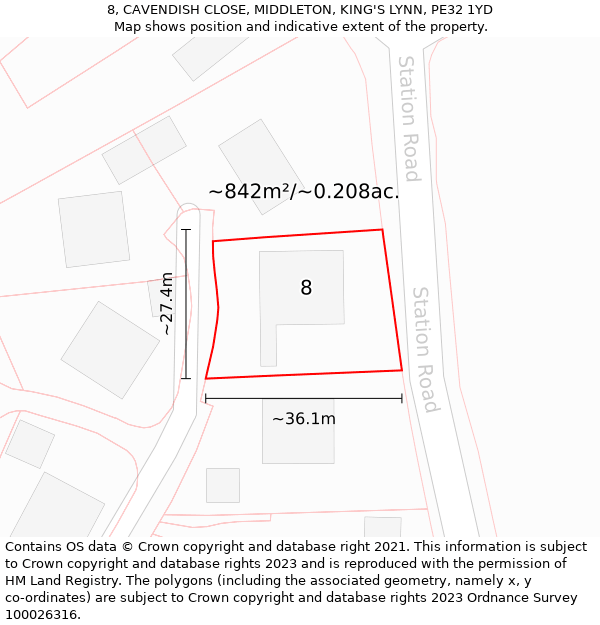 8, CAVENDISH CLOSE, MIDDLETON, KING'S LYNN, PE32 1YD: Plot and title map