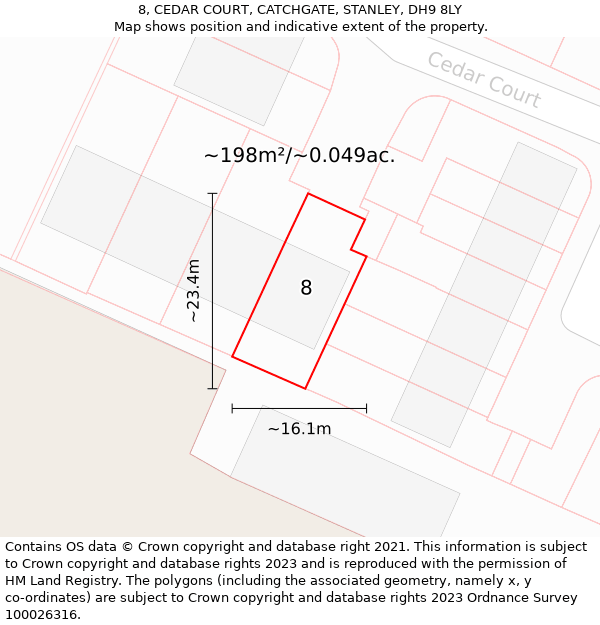 8, CEDAR COURT, CATCHGATE, STANLEY, DH9 8LY: Plot and title map