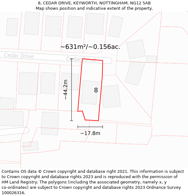 8, CEDAR DRIVE, KEYWORTH, NOTTINGHAM, NG12 5AB: Plot and title map