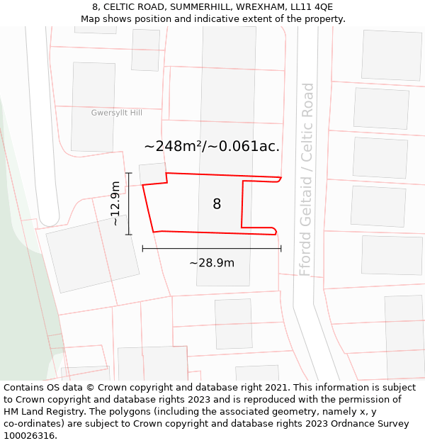 8, CELTIC ROAD, SUMMERHILL, WREXHAM, LL11 4QE: Plot and title map