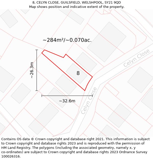 8, CELYN CLOSE, GUILSFIELD, WELSHPOOL, SY21 9QD: Plot and title map