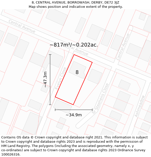 8, CENTRAL AVENUE, BORROWASH, DERBY, DE72 3JZ: Plot and title map