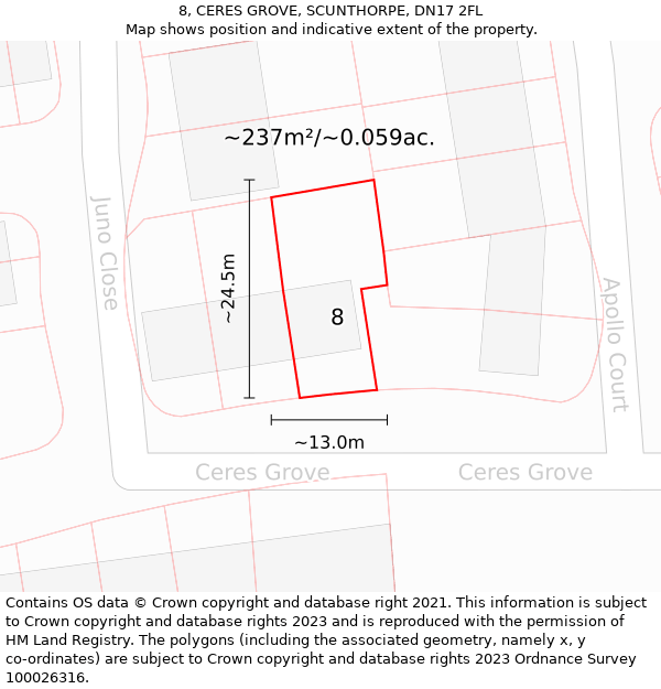 8, CERES GROVE, SCUNTHORPE, DN17 2FL: Plot and title map