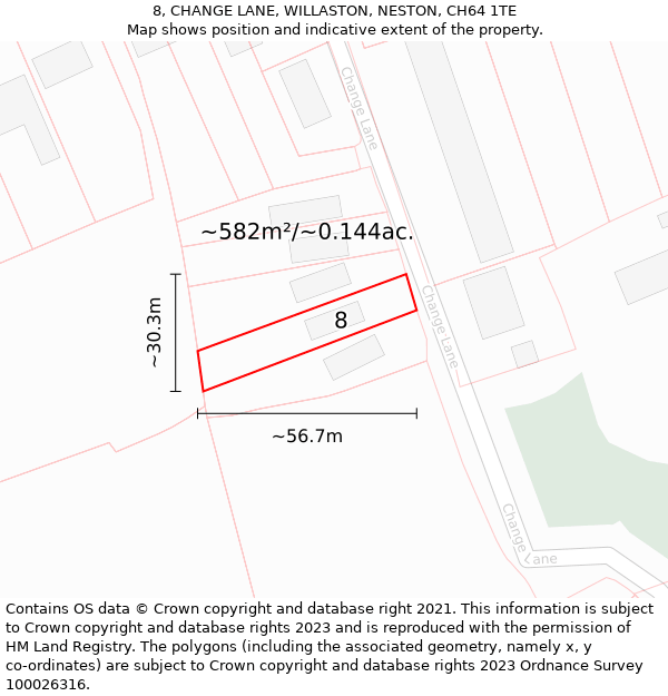 8, CHANGE LANE, WILLASTON, NESTON, CH64 1TE: Plot and title map