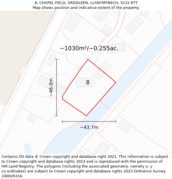 8, CHAPEL FIELD, ARDDLEEN, LLANYMYNECH, SY22 6TT: Plot and title map