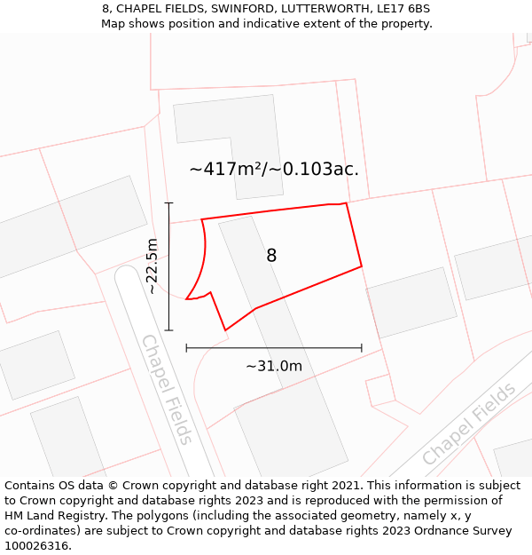 8, CHAPEL FIELDS, SWINFORD, LUTTERWORTH, LE17 6BS: Plot and title map