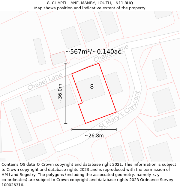 8, CHAPEL LANE, MANBY, LOUTH, LN11 8HQ: Plot and title map