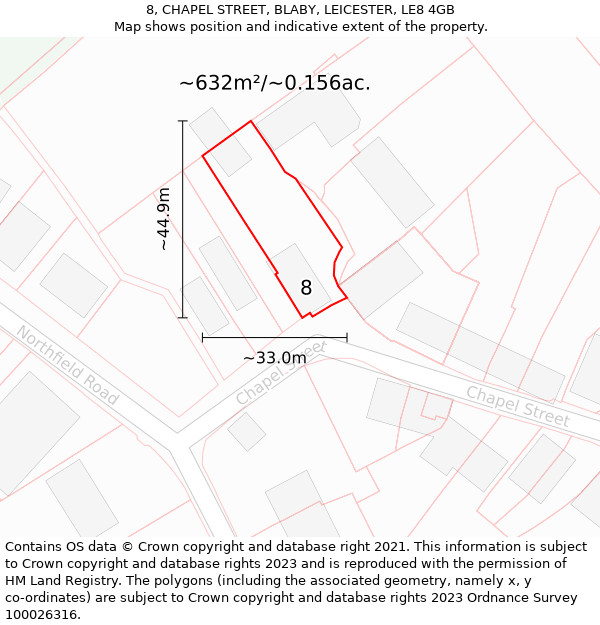 8, CHAPEL STREET, BLABY, LEICESTER, LE8 4GB: Plot and title map