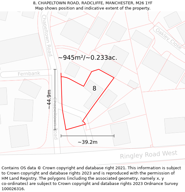 8, CHAPELTOWN ROAD, RADCLIFFE, MANCHESTER, M26 1YF: Plot and title map