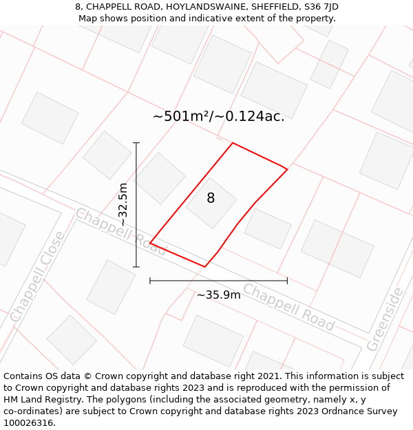 8, CHAPPELL ROAD, HOYLANDSWAINE, SHEFFIELD, S36 7JD: Plot and title map