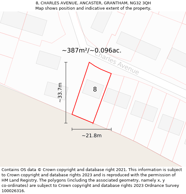 8, CHARLES AVENUE, ANCASTER, GRANTHAM, NG32 3QH: Plot and title map