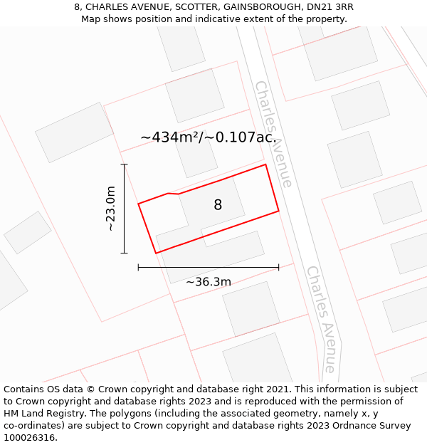 8, CHARLES AVENUE, SCOTTER, GAINSBOROUGH, DN21 3RR: Plot and title map