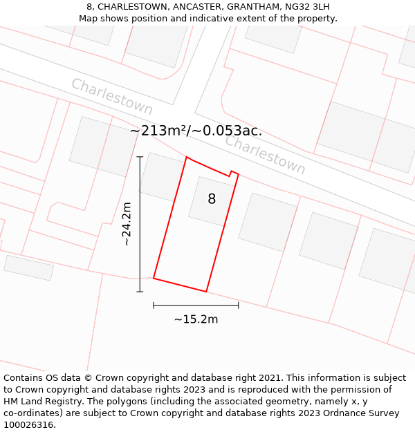 8, CHARLESTOWN, ANCASTER, GRANTHAM, NG32 3LH: Plot and title map