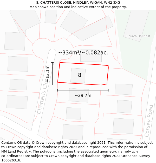 8, CHATTERIS CLOSE, HINDLEY, WIGAN, WN2 3XG: Plot and title map