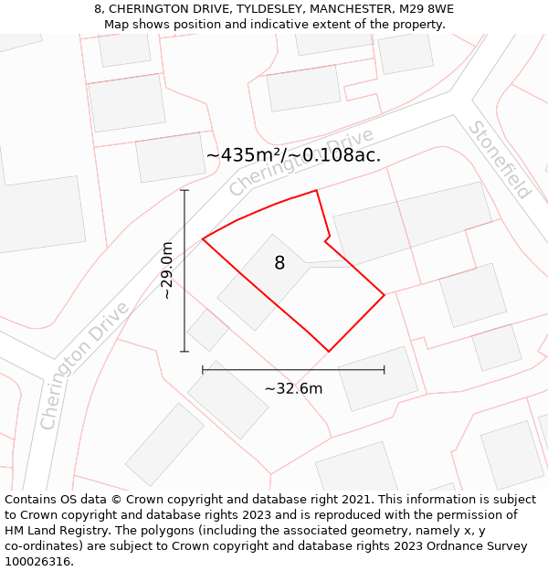 8, CHERINGTON DRIVE, TYLDESLEY, MANCHESTER, M29 8WE: Plot and title map