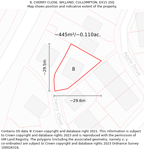 8, CHERRY CLOSE, WILLAND, CULLOMPTON, EX15 2SQ: Plot and title map