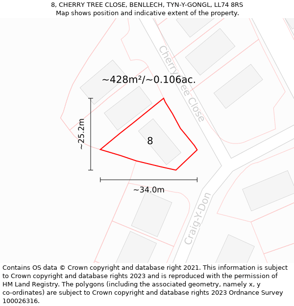 8, CHERRY TREE CLOSE, BENLLECH, TYN-Y-GONGL, LL74 8RS: Plot and title map