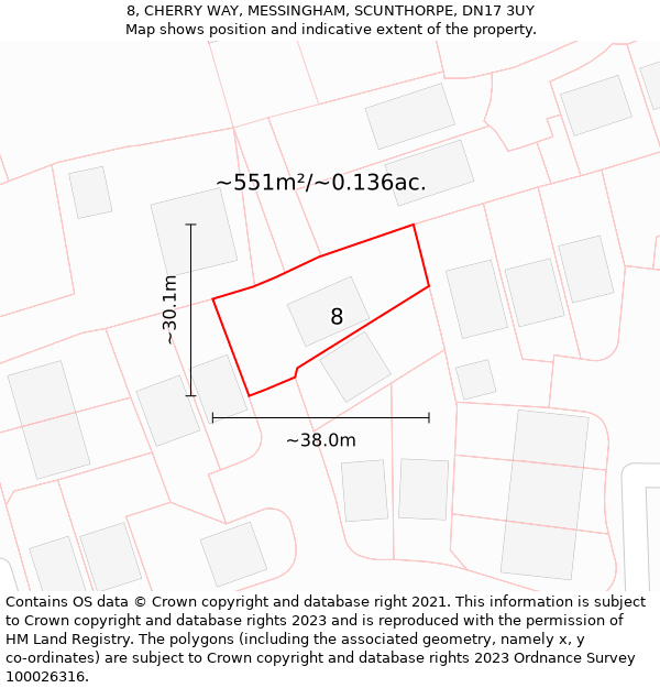 8, CHERRY WAY, MESSINGHAM, SCUNTHORPE, DN17 3UY: Plot and title map