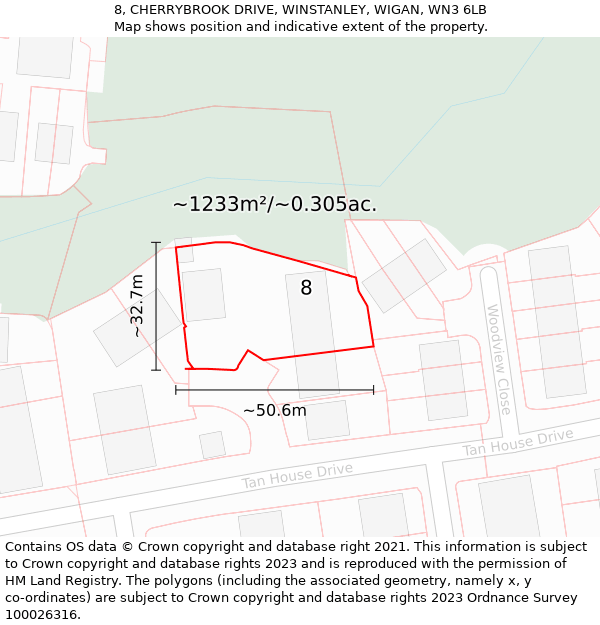 8, CHERRYBROOK DRIVE, WINSTANLEY, WIGAN, WN3 6LB: Plot and title map