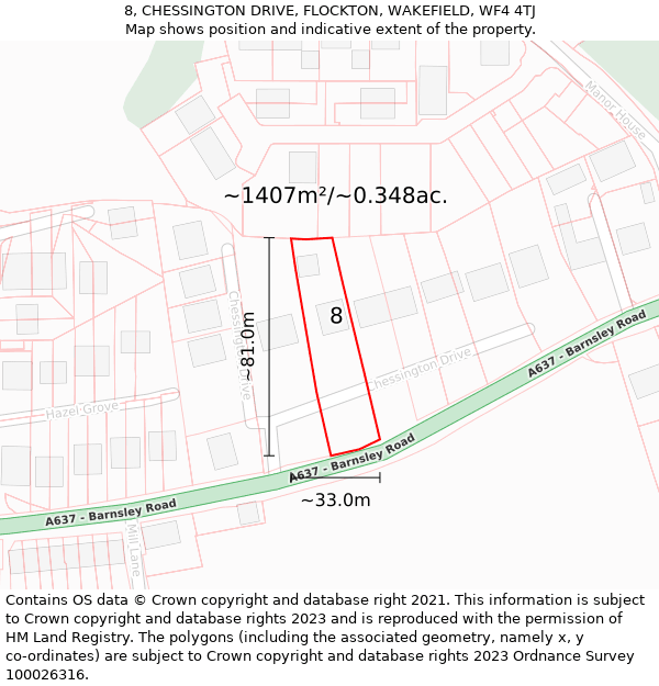 8, CHESSINGTON DRIVE, FLOCKTON, WAKEFIELD, WF4 4TJ: Plot and title map