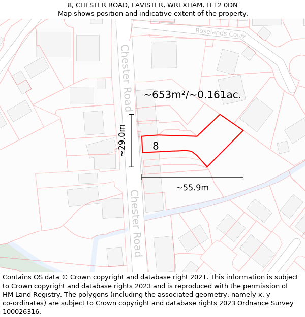 8, CHESTER ROAD, LAVISTER, WREXHAM, LL12 0DN: Plot and title map