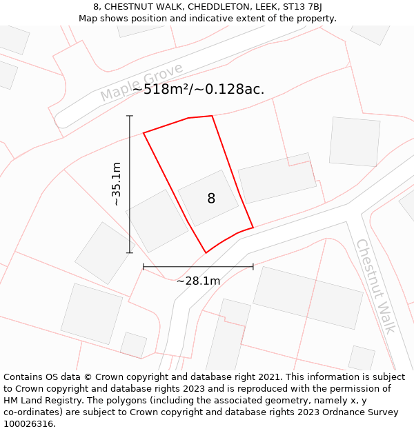 8, CHESTNUT WALK, CHEDDLETON, LEEK, ST13 7BJ: Plot and title map