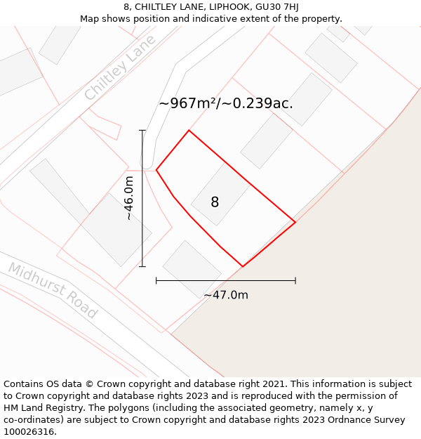 8, CHILTLEY LANE, LIPHOOK, GU30 7HJ: Plot and title map