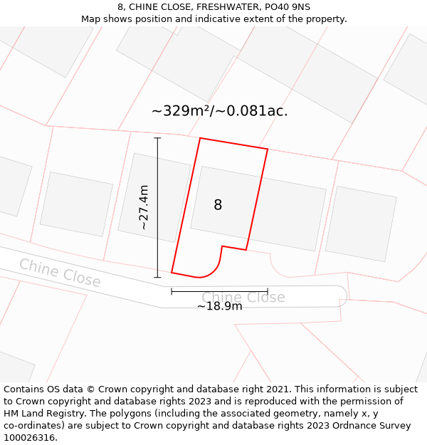 8, CHINE CLOSE, FRESHWATER, PO40 9NS: Plot and title map