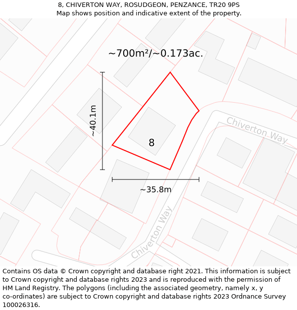 8, CHIVERTON WAY, ROSUDGEON, PENZANCE, TR20 9PS: Plot and title map