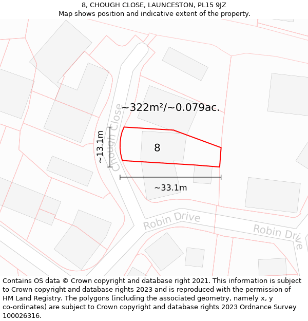 8, CHOUGH CLOSE, LAUNCESTON, PL15 9JZ: Plot and title map