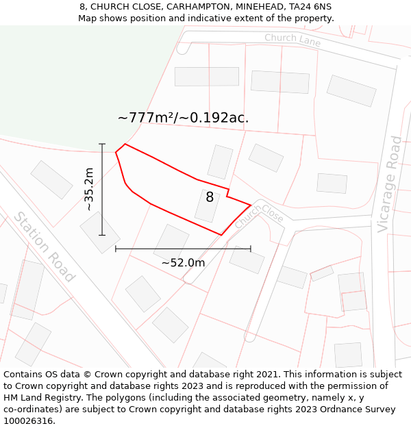 8, CHURCH CLOSE, CARHAMPTON, MINEHEAD, TA24 6NS: Plot and title map