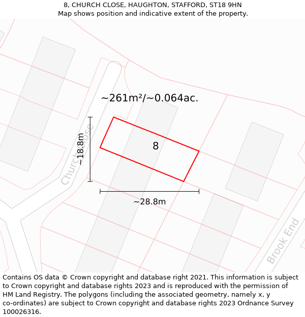 8, CHURCH CLOSE, HAUGHTON, STAFFORD, ST18 9HN: Plot and title map