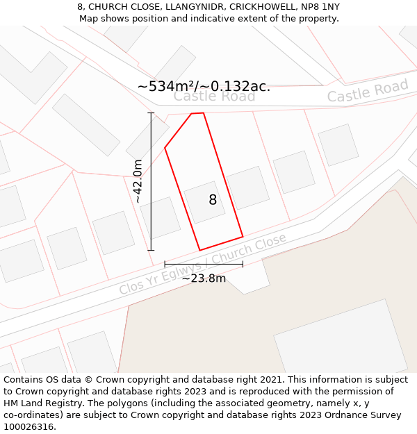 8, CHURCH CLOSE, LLANGYNIDR, CRICKHOWELL, NP8 1NY: Plot and title map