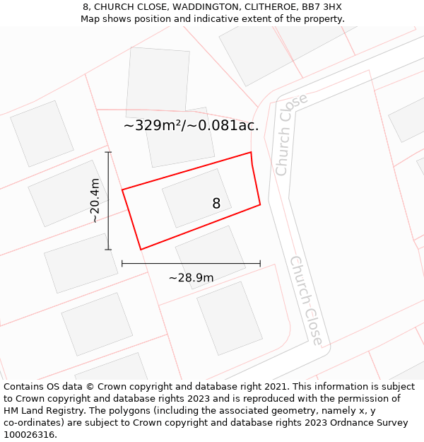 8, CHURCH CLOSE, WADDINGTON, CLITHEROE, BB7 3HX: Plot and title map