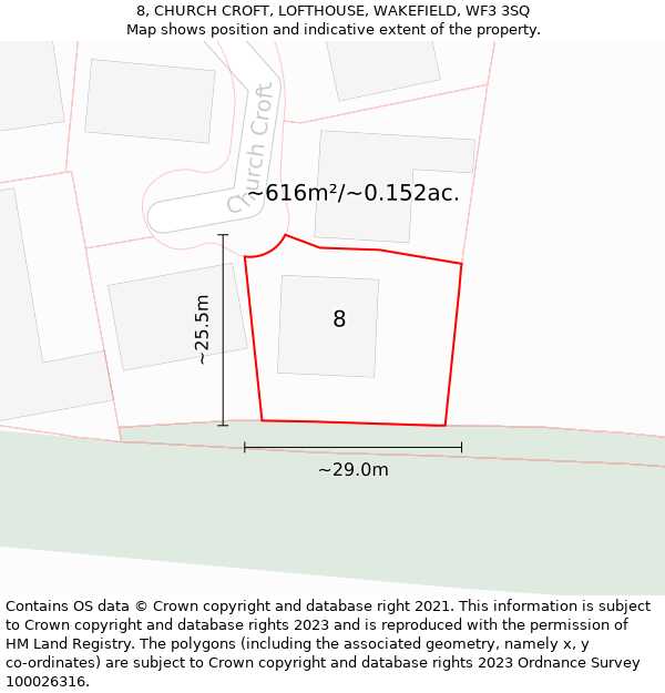 8, CHURCH CROFT, LOFTHOUSE, WAKEFIELD, WF3 3SQ: Plot and title map