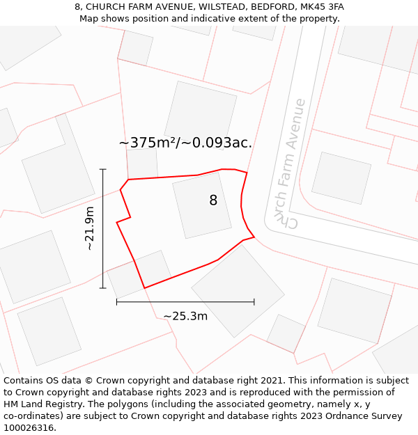 8, CHURCH FARM AVENUE, WILSTEAD, BEDFORD, MK45 3FA: Plot and title map