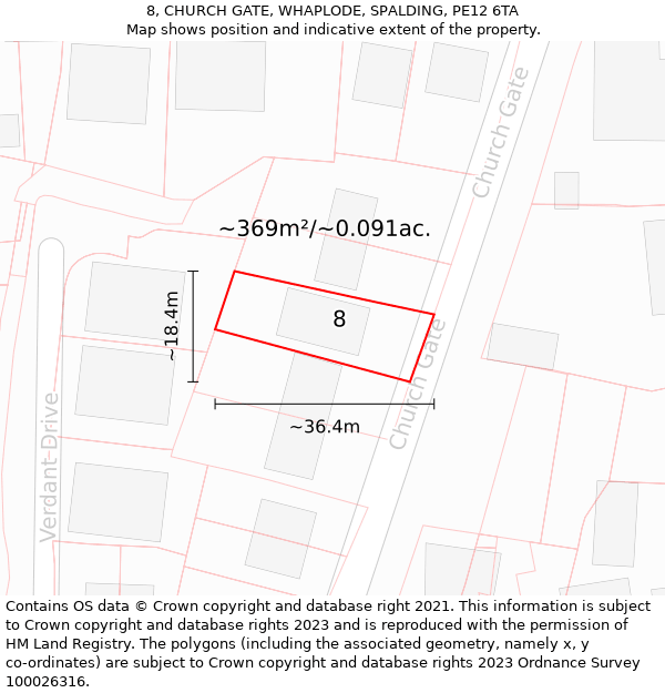 8, CHURCH GATE, WHAPLODE, SPALDING, PE12 6TA: Plot and title map