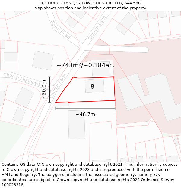 8, CHURCH LANE, CALOW, CHESTERFIELD, S44 5AG: Plot and title map