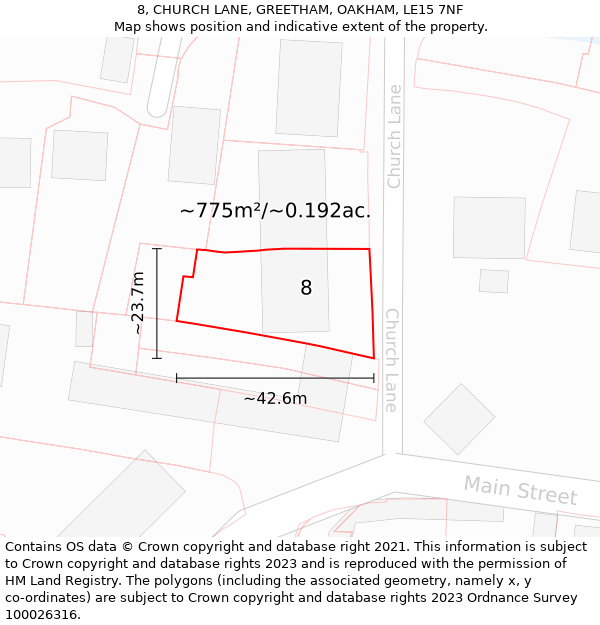 8, CHURCH LANE, GREETHAM, OAKHAM, LE15 7NF: Plot and title map