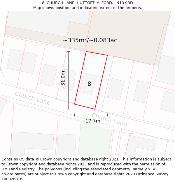 8, CHURCH LANE, HUTTOFT, ALFORD, LN13 9RD: Plot and title map