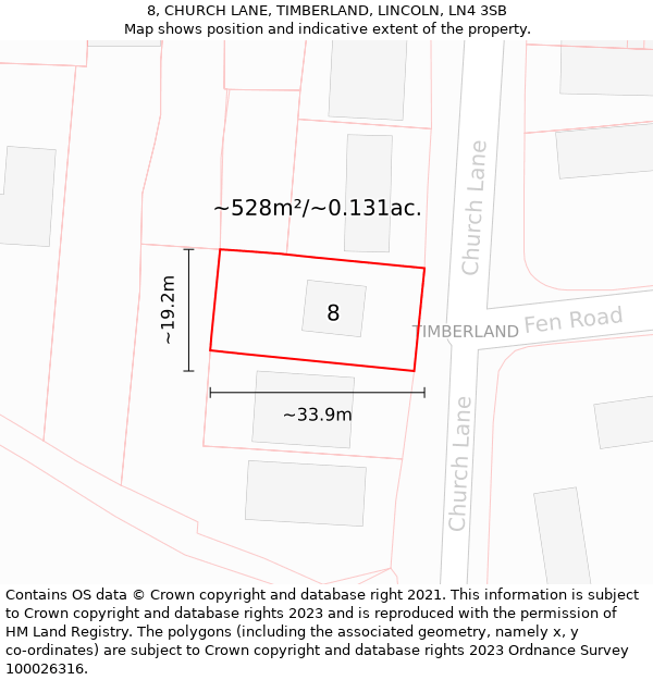 8, CHURCH LANE, TIMBERLAND, LINCOLN, LN4 3SB: Plot and title map