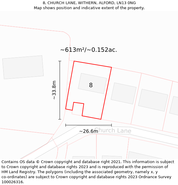 8, CHURCH LANE, WITHERN, ALFORD, LN13 0NG: Plot and title map