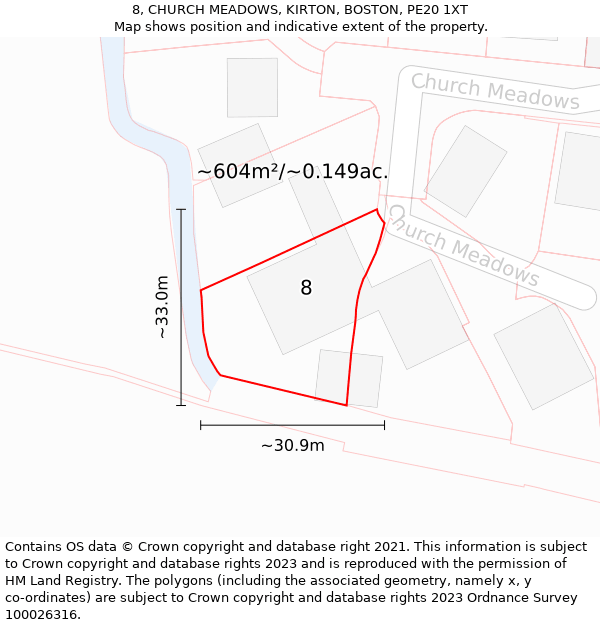 8, CHURCH MEADOWS, KIRTON, BOSTON, PE20 1XT: Plot and title map