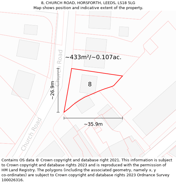 8, CHURCH ROAD, HORSFORTH, LEEDS, LS18 5LG: Plot and title map