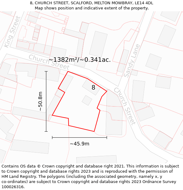 8, CHURCH STREET, SCALFORD, MELTON MOWBRAY, LE14 4DL: Plot and title map